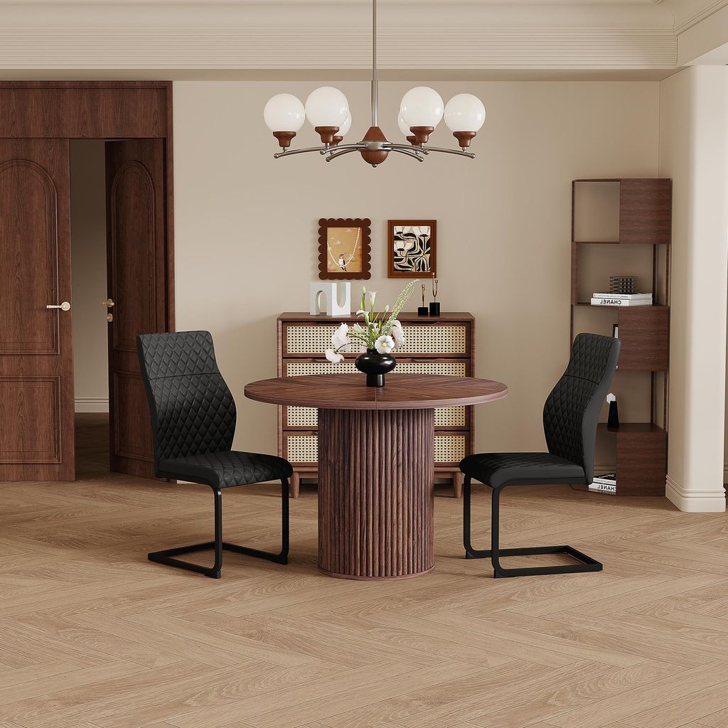 Esstisch Set Rund Ø 100cm Nussbaum-Optik mit 2 Esszimmerstühlen Schwarz, MDF 2,5cm Platte, Zylinder-Beine, Modernes Esszimmerset Sitzgruppe Platz...