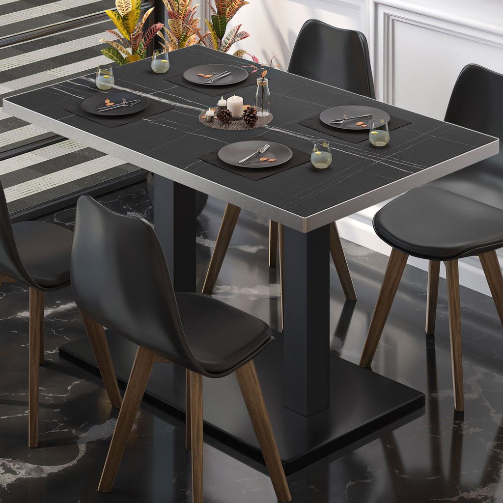 BM | Bistrotisch | B:T:H 130 x 80 x 75 cm | Schwarz Marmor / Schwarz | Rechteckig | Edelstahl Rand | Bistro Tisch Esstisch