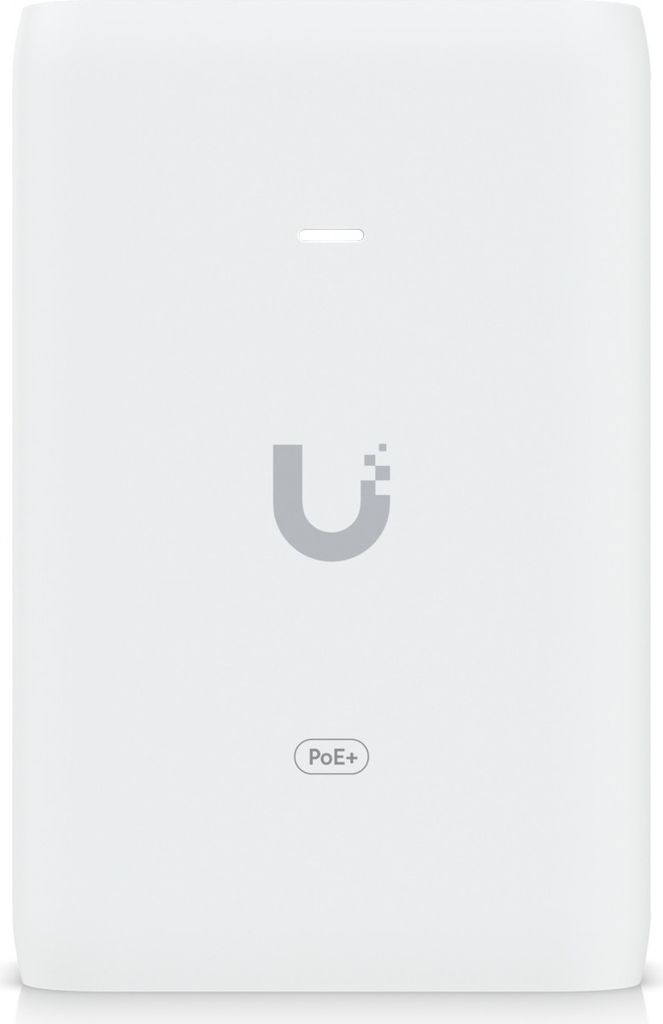 A white Ubiquiti PoE+ adapter with a logo and text.