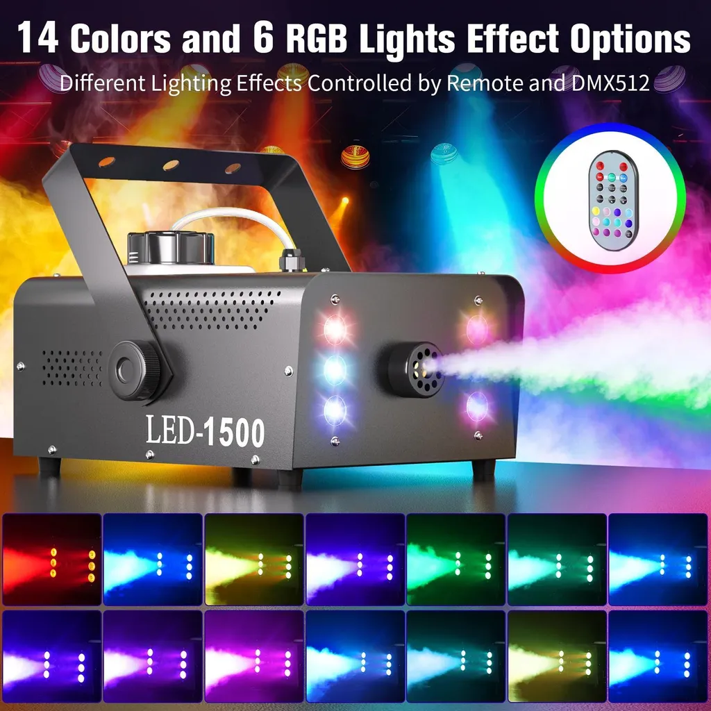 Machine à fumée 1500W DMX avec 6 LED RGB et télécommande sans fil beige