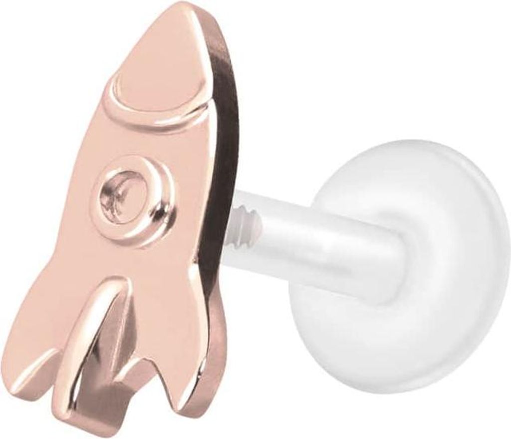 Ohrpiercing, Nasenpiercing PTFE Labret mit Innengewinde + Titan-Aufsatz RAKETE RoséGold Stablänge: 6mm | Stabstärke: 1,2mm