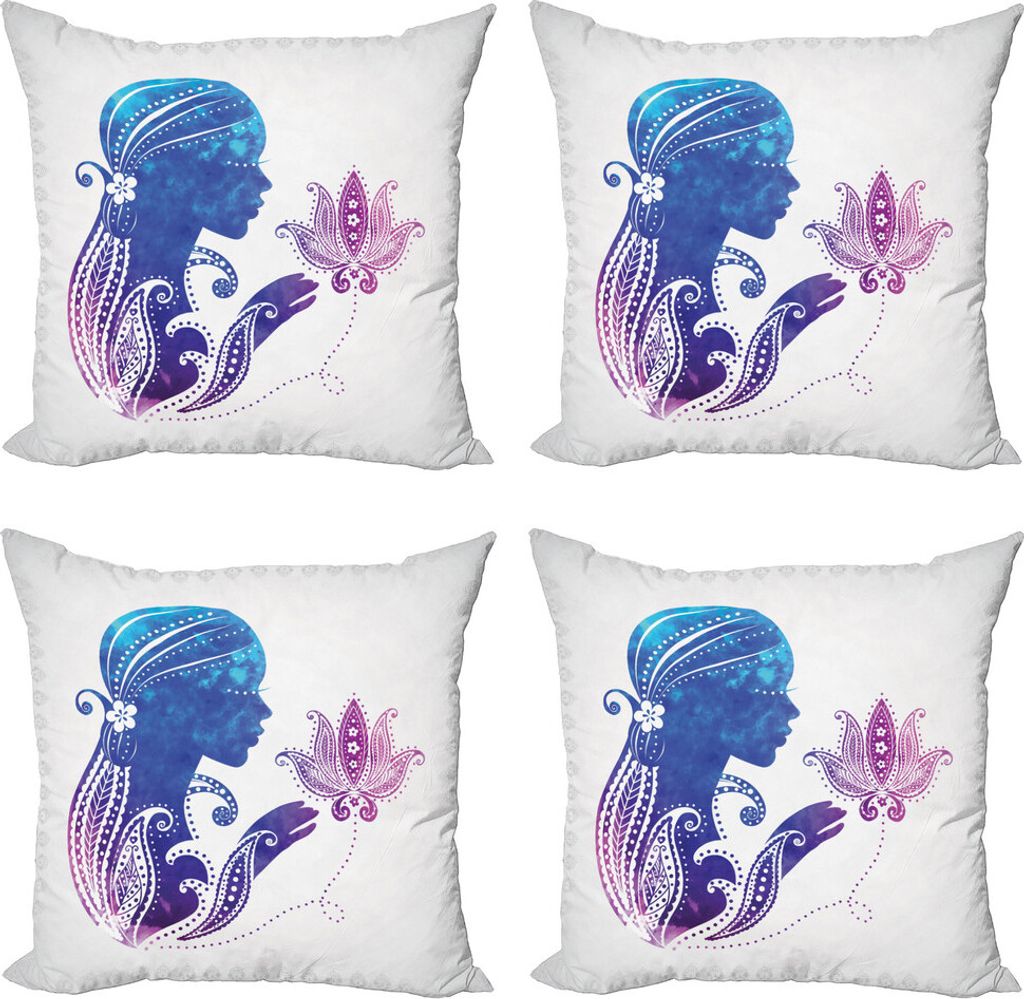 ABAKUHAUS Feminin Kissenbezug Set (4 Stück), Dame mit Blumenhaar, Moderner Doppelseitiger Digitaldruck, 40 cm x 40 cm, Lila-blau