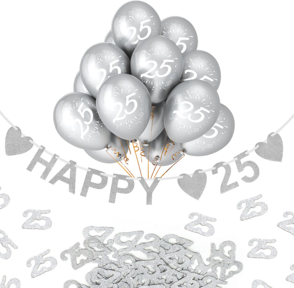 Oblique Unique 25. Geburtstag Silberhochzeit Deko Set - Happy 25 Girlande + Luftballons Zahl 25 + 25 Konfetti