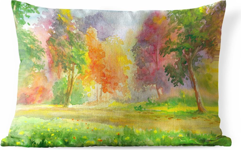 MuchoWow Outdoor Kissen - Eine bunte Illustration von Bäumen - 60x40 cm - Wetterfest - Lounge Kissen - Zierkissen - Kissen für Innenräume