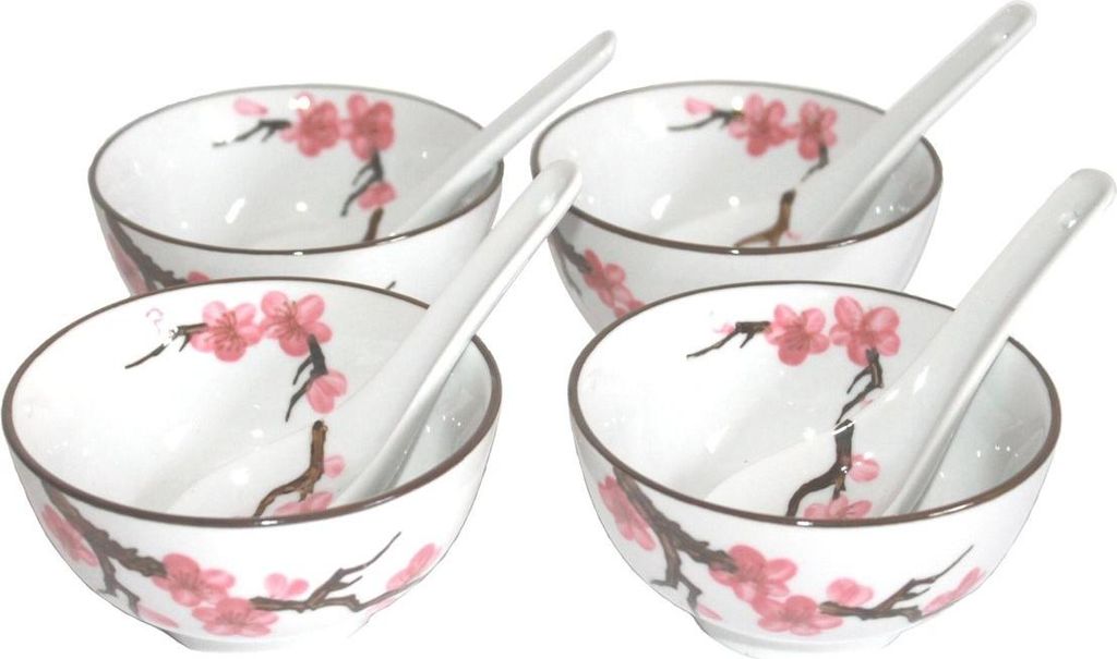 775 Matcha Reisschalen 4 er Set mit 4 Löffel (8 Teile) Sakura – Kirschblüte ø 11 cm