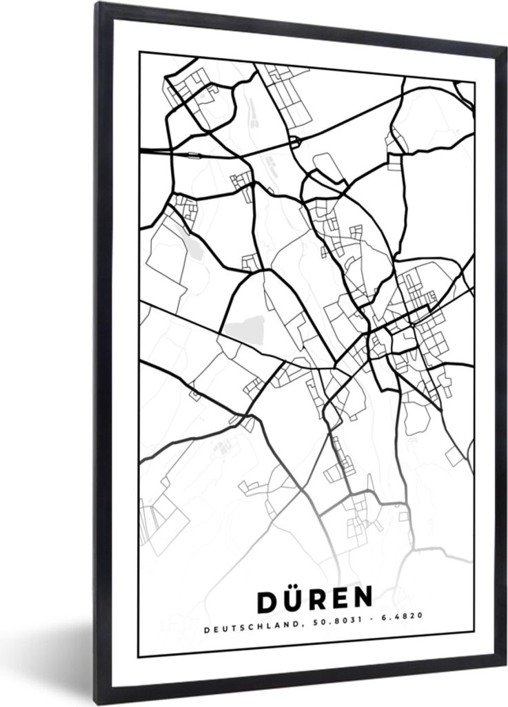 MuchoWow Gerahmtes Poster Karte - Düren - Karte - Stadtplan 40x60 cm - Poster mit Schwarzem Bilderrahmen Wandposter Rahmen Foto Bilder - Papierd...