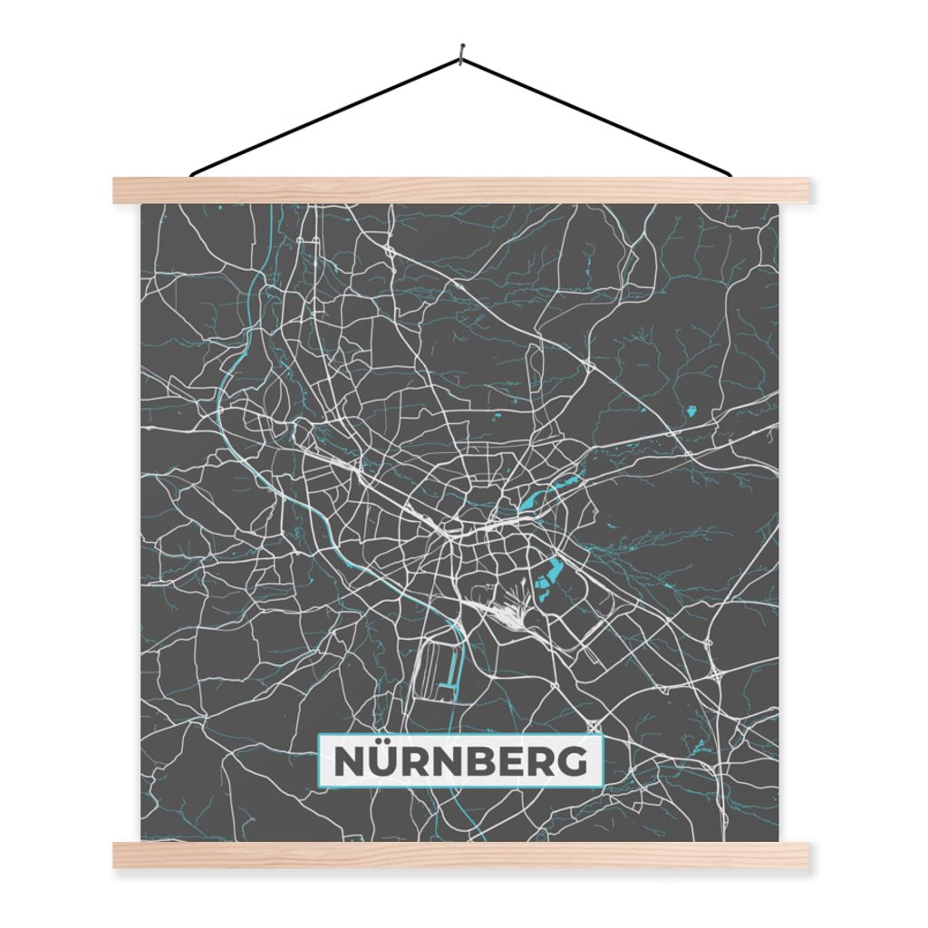 MuchoWow Textilposter Karte - Stadtplan - Nürnberg - Deutschland - Blau 120x120 cm mit holzfarbenen Rahmen - Textil-Poster