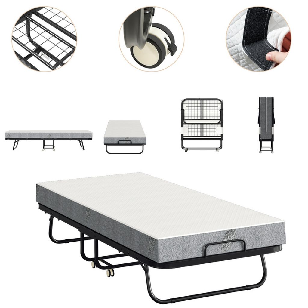 Hengda 90x200cm klappbar Gästebett Klappbett mit Matratze bis 150kg, auf Rädern Tragbares Design