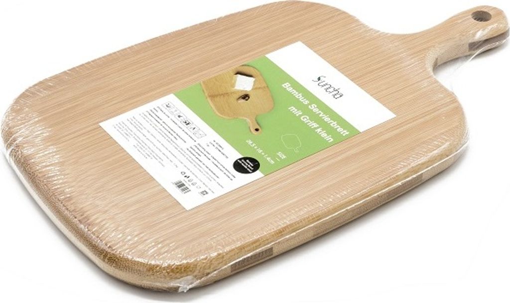 A bamboo cutting board is shown, wrapped in plastic packaging, with a label on it.