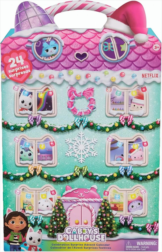 A Christmas-themed advent calendar shaped like a house, featuring characters from Gabby's Dollhouse.