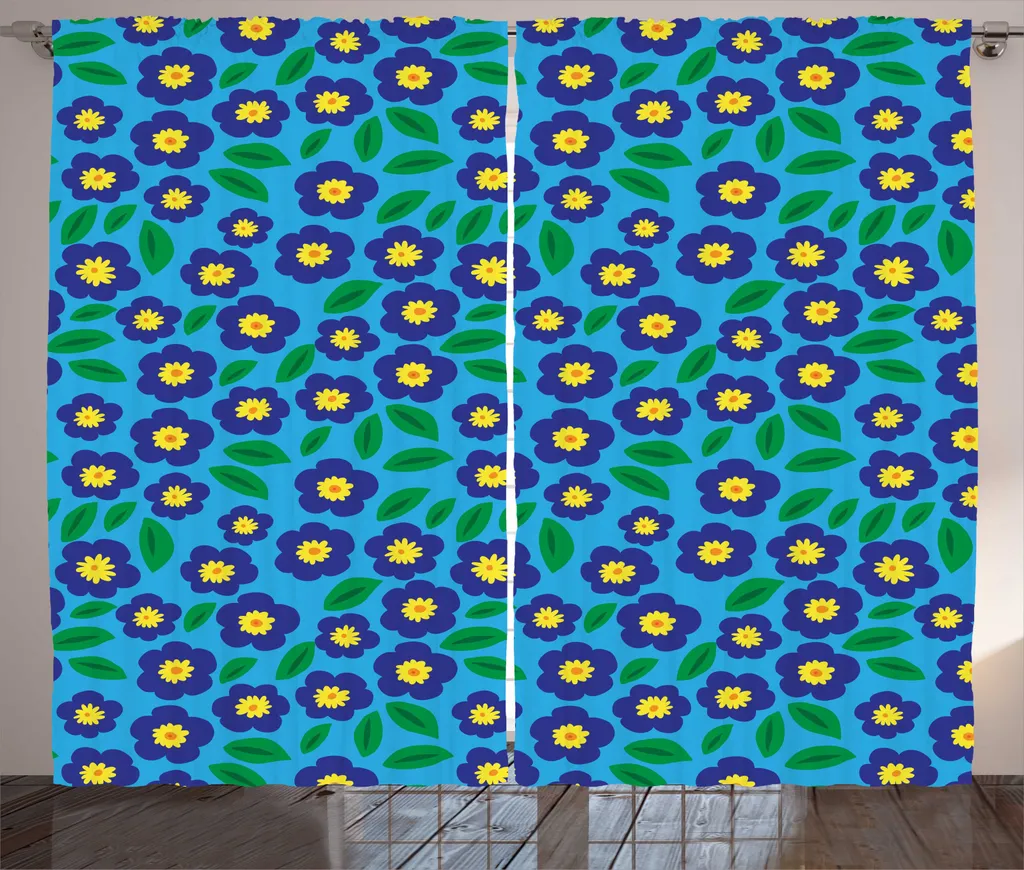 Rideau bleu ciel profond Daisy Cartoon Art avec crochets et boucles 225cm