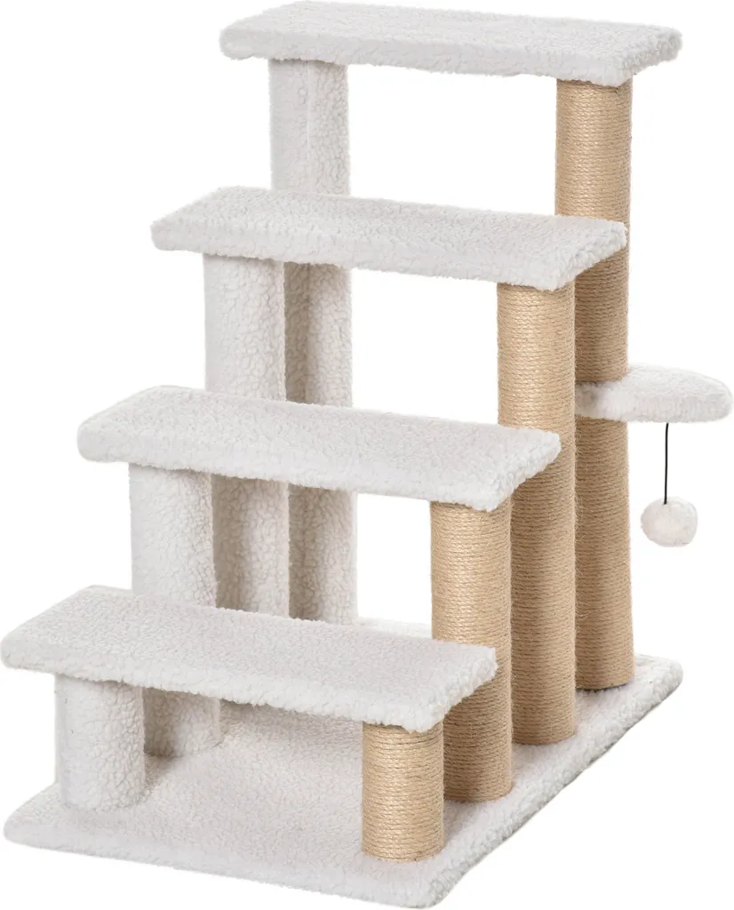 Escalier pour chat 4 marches avec poteau griffoir et balle de jeu