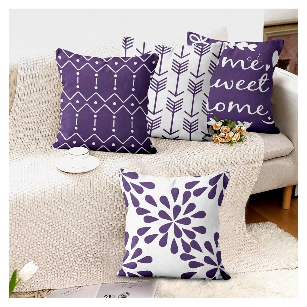 Kissenbezüge Lila und Weiß 45x45 cm 4er Set, Boho Kissenbezüge mit modernem geometrischem Muster für dekorative Leinenkissenhüllen für Sofa, ...