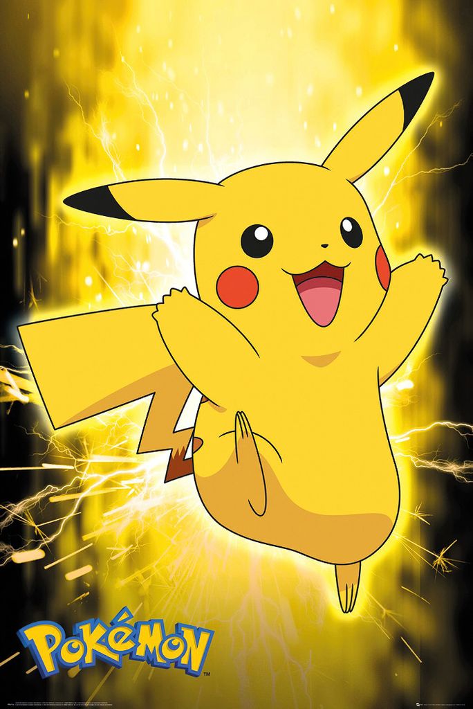 Pikachu with lightning effects and Pokemon logo.