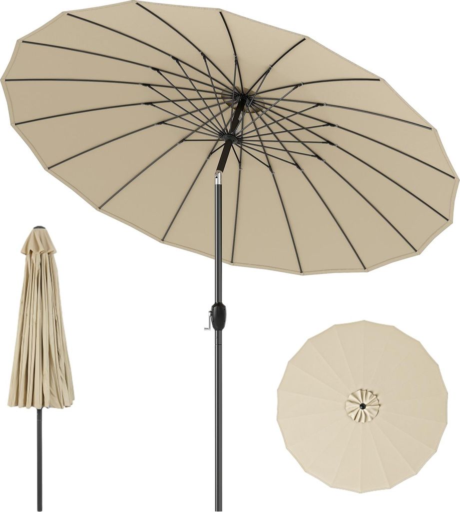 GOPLUS Sonnenschirm 258cm, Gartenschirm um 35°knickbar, Balkonschirm mit 18 Rippen aus Glasfaser, Terrassenschirm mit Kurbel, Beige