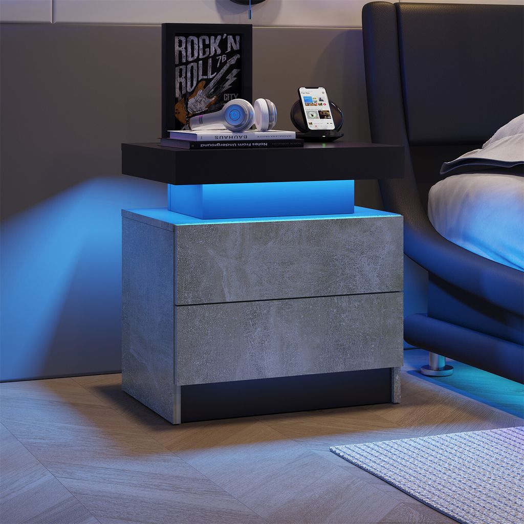 Nachttisch LED Beistelltisch(Grau) Schrank Lichter Modernes Ende Seite mit 2 Schubladen für Schlafzimmer