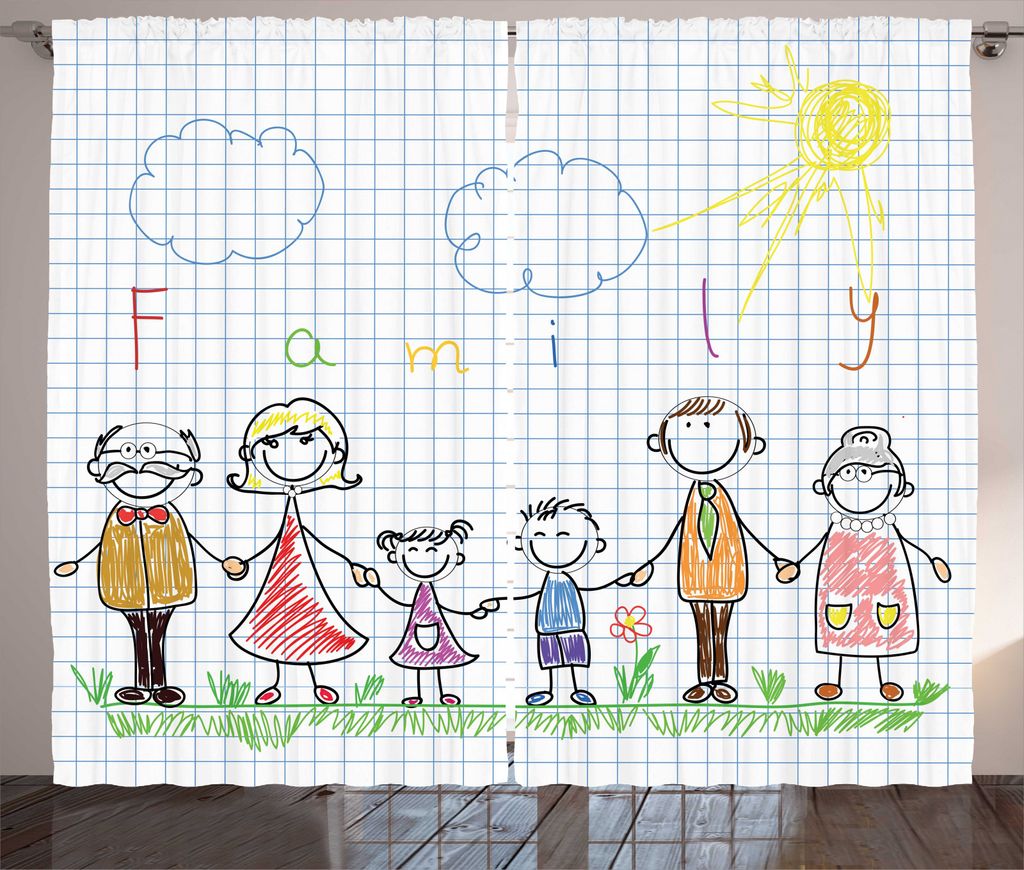 ABAKUHAUS Kindisch Rustikaler Vorhang, Family Portrait Sketchy, Wohnzimmer Universalband Gardinen mit Schlaufen und Haken, 280 x 225 cm, Mehrfarbig