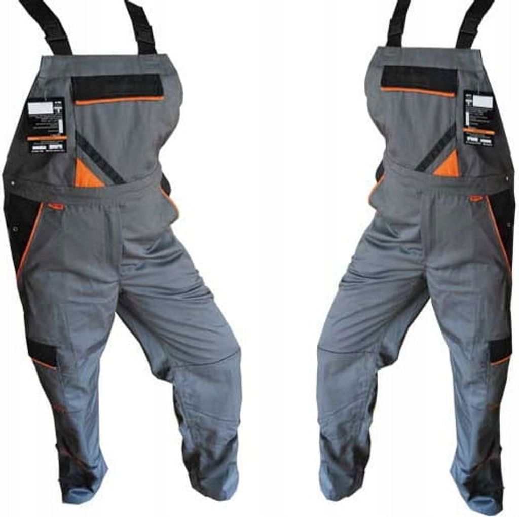 Two identical grey overalls are displayed side-by-side against a white background.