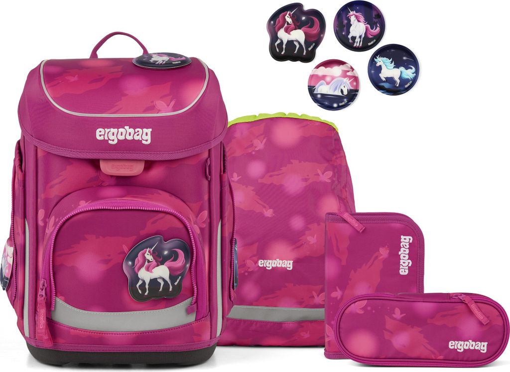 A collection of school supplies with a unicorn theme, including a backpack, a drawstring bag, and pencil cases.