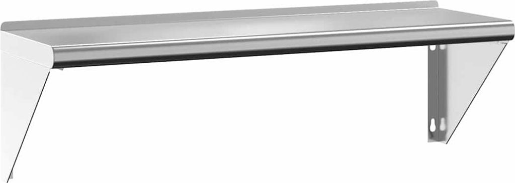 A stainless steel wall shelf mounted on a white background.