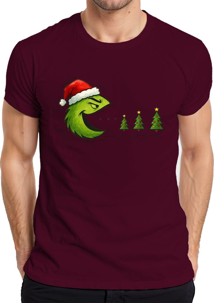 Weihnachtsbaum Fresser Grün frech Weihnachten Geschenk Retro Herren T-Shirt, Burgundy, XL