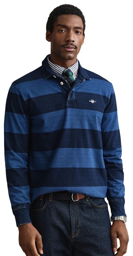 Gant Pullover 3-Knopf gestreift Rugby blau Baumwolle
