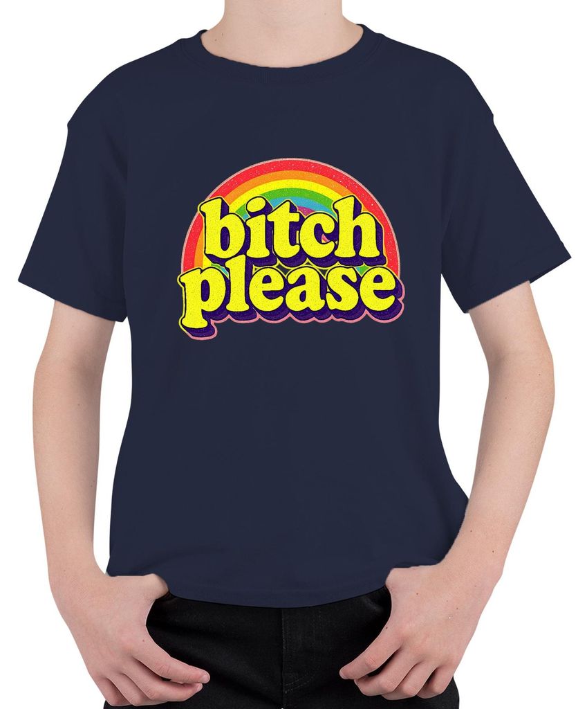 bitch please Retro Regenbogen 70er frech Geschenk lustig groovy Uni Kinder T-Shirt, Navy, 152