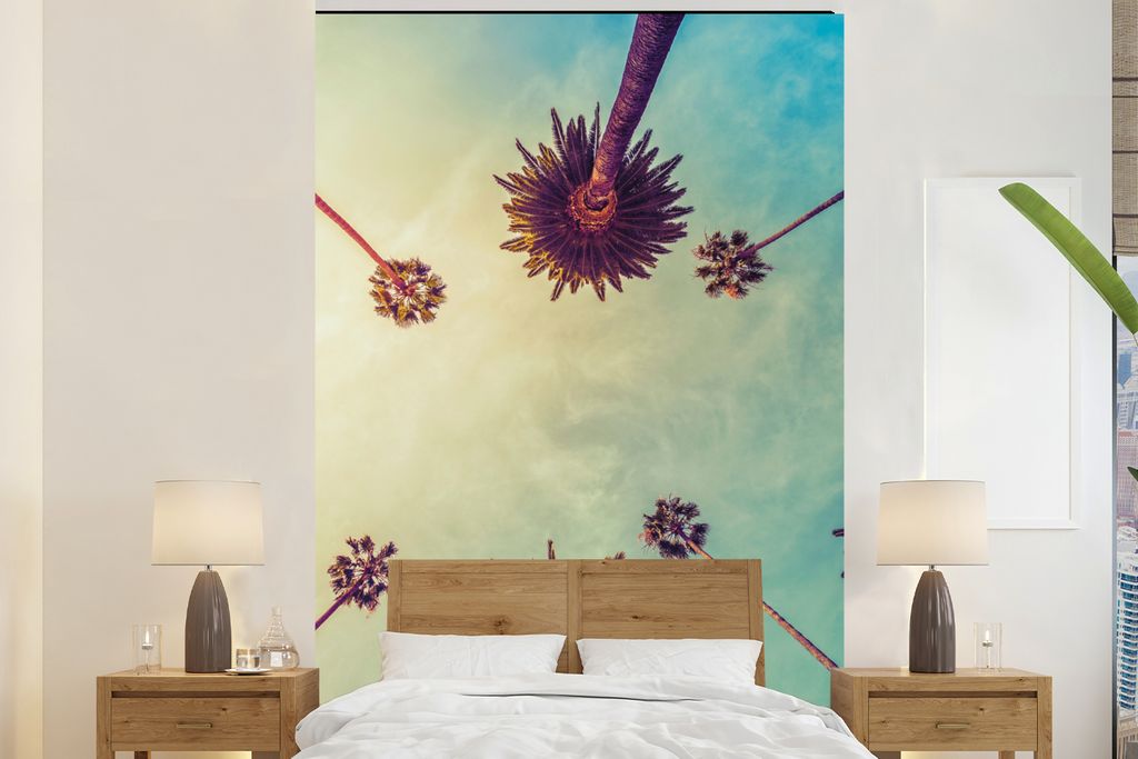 MuchoWow Fototapete für Wohnzimmer oder Schlafzimmer Wandtapete Vinyl Motivtapete Palme - Himmel - Bäume - Sommer - Tropisch - 155x240 cm - Tapete