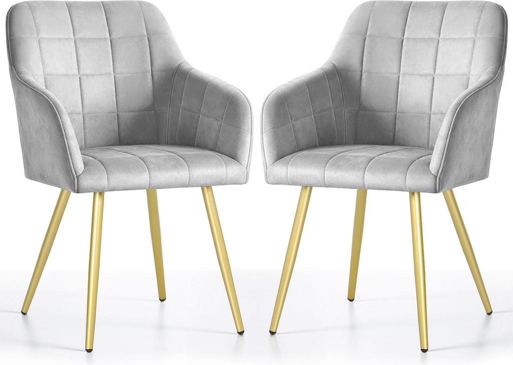 2er Set Polsterstühle mit quadratischen Ziernähten LUXANO Grau mit goldenen Beinen