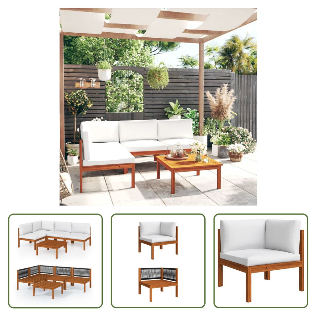 The Living Store 5-tlg. Garten-Lounge-Set mit Kissen Cremeweiß Massivholz Akazie