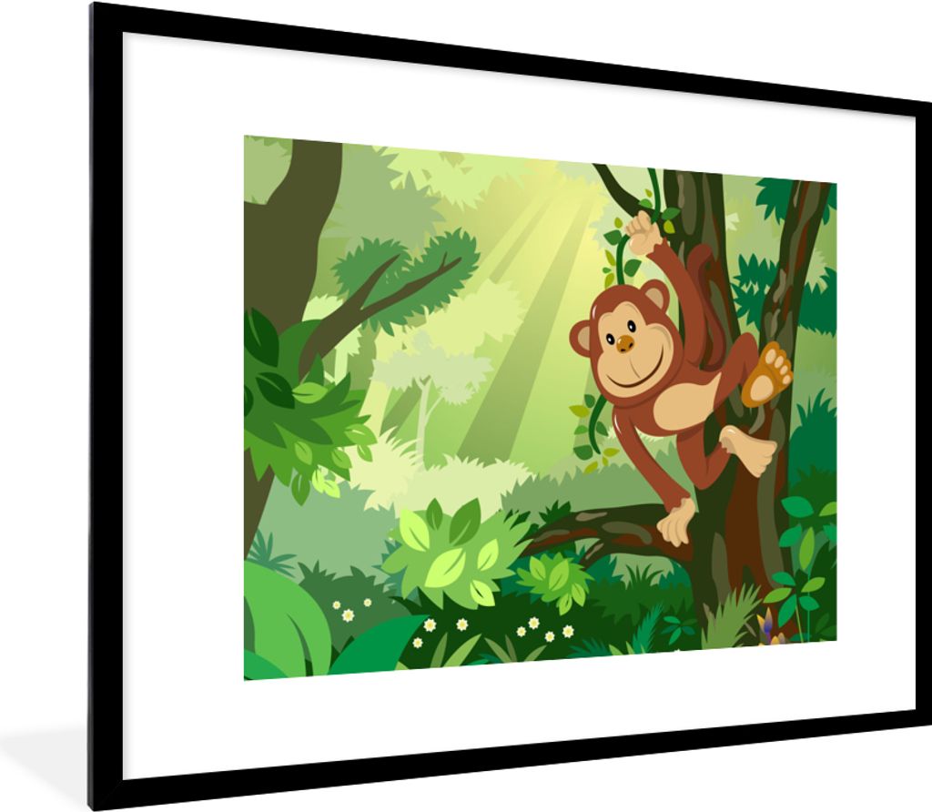 MuchoWow Gerahmtes Poster Affe - Dschungel - Jungen - Mädchen - Blumen - Kinder 80x60 cm - Poster mit Schwarzem Bilderrahmen Wandposter Rahmen F...