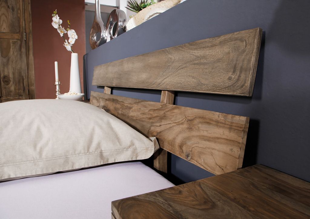 MASSIVMOEBEL24 Bett Sheesham 160x20x75 grau geölt NATURE GREY #211