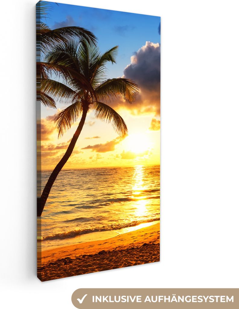 MuchoWow - Leinwandbilder - Strand - Horizont - Sonnenuntergang - Palme - Meer, Wandbild, Wanddeko Bilder Wohnzimmer, 20x40 cm