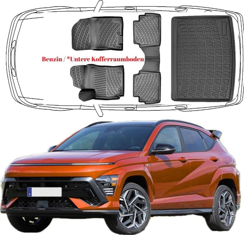3D Auto Fußmatten & Untere Kofferraumwanne Set Kompatibel mit Hyundai Kona 2.Gen Benzin ab 2023