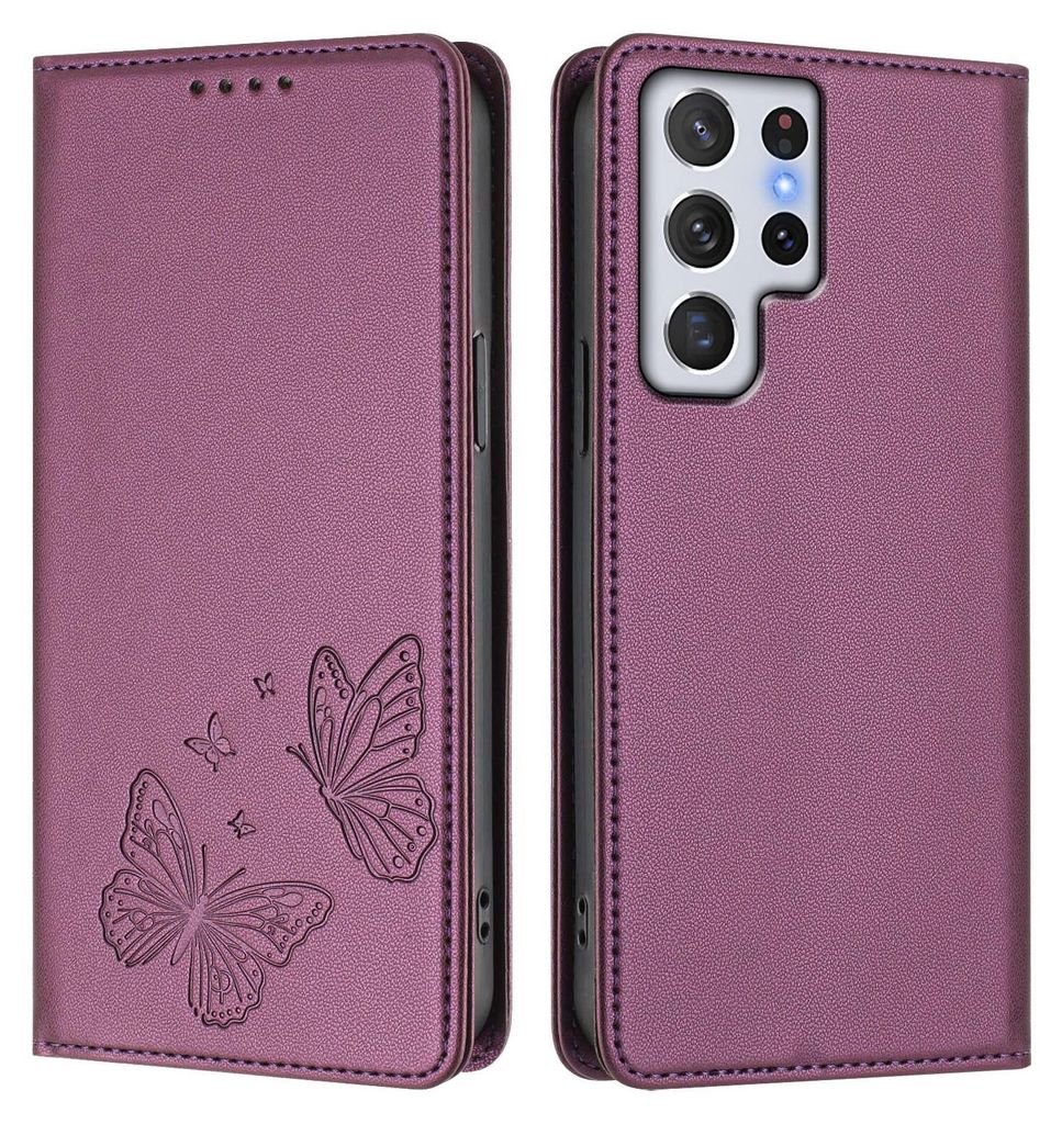 Lederhülle für Samsung Galaxy S22 Ultra 5G, Schmetterling Prägung Leder Brieftasche Schutzhülle mit Ständer Lila