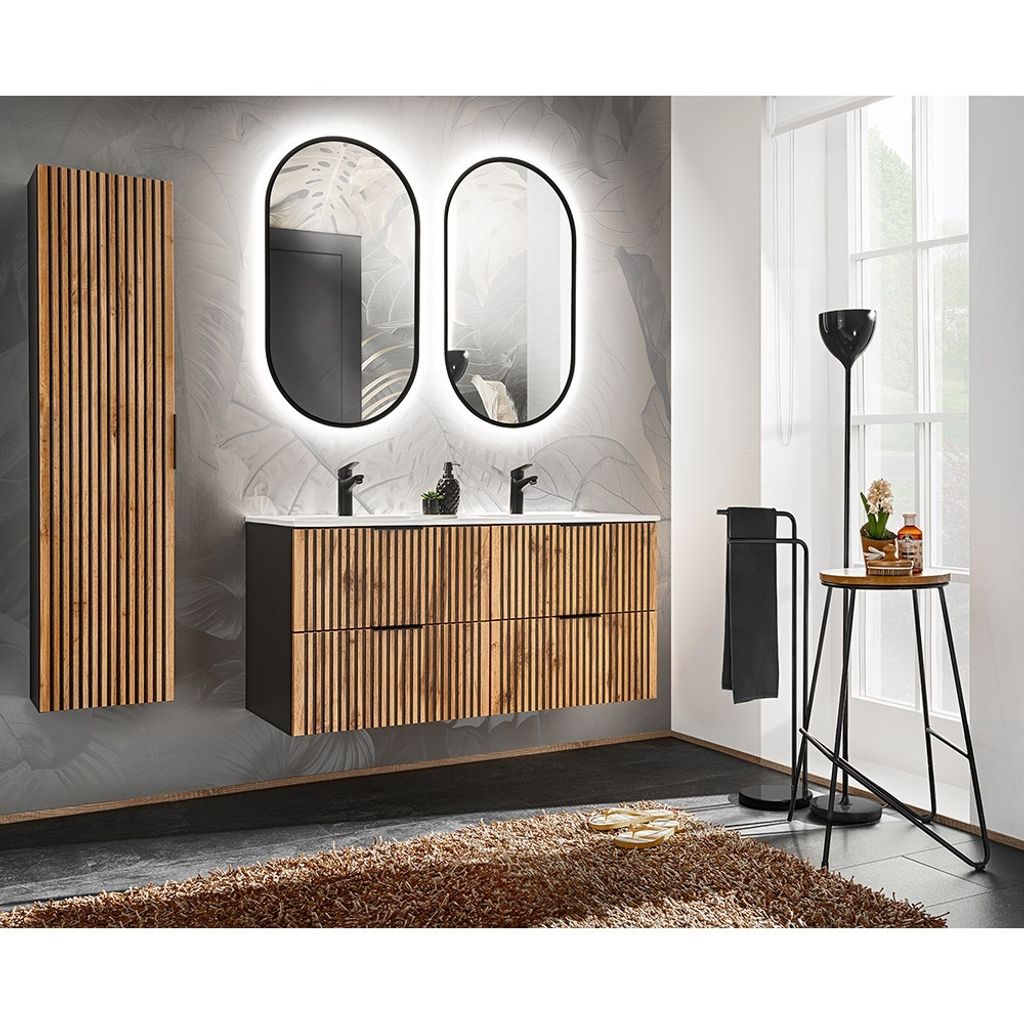 Badezimmer Set mit Doppelwaschtisch 120 cm Keramik Waschbecken XANTEN-56 in anthrazit mit Eiche Nb. schwarze Rillen, B/H/T: ca. 185/200/46 cm
