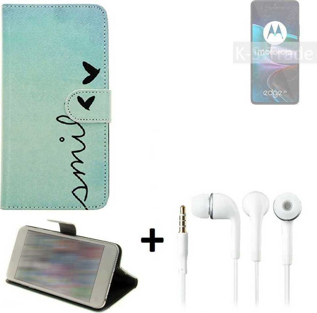 K-S-Trade Schutz Hülle Handy Hülle kompatibel mit Motorola Edge 30 360° Wallet Case Schutz Hülle ''smile'' inkl. Ohrstöpsel Smartphone cover