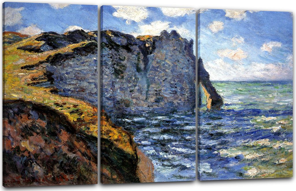 Leinwandbild 3-teilig (120x80cm): Claude Monet - Die Klippe von Aval, Étrétat, echter Holz-Keilrahmen inkl. Aufhänger, handgefertigt in Deutschland
