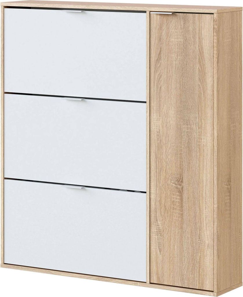 Schuhschrank Provo, Schuhschrank mit 4 Türen, Niedriger Mehrzweckschrank mit 5 Einlegeböden, Modernes Schuhregal, 106x22h115 cm, Eiche und Weiß
