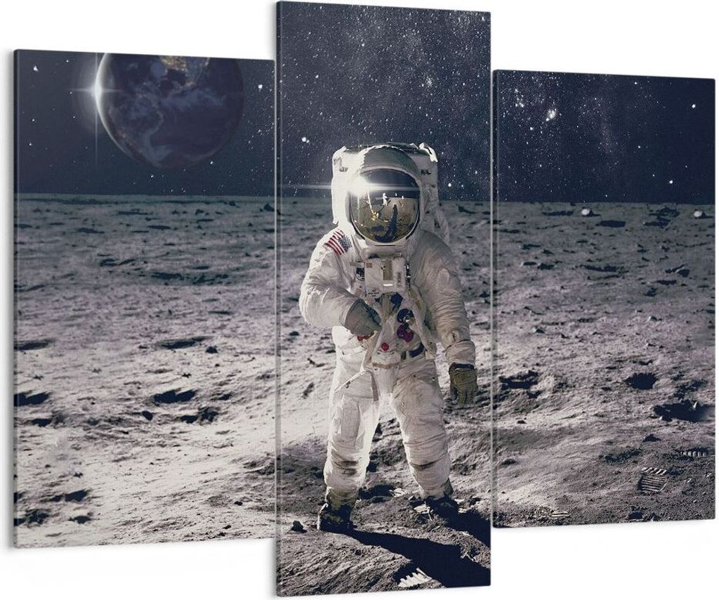 Bild auf Leinwand - Leinwandbild - 3 Teile - Mond Erde Astronaut - 130x100cm - Wand Bild - Wanddeko - Wandbilder - Leinwanddruck - Bilder - Wanddek...