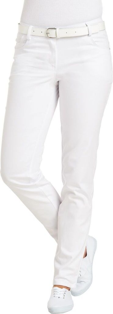 A person wearing white pants and white shoes, standing against a white background.