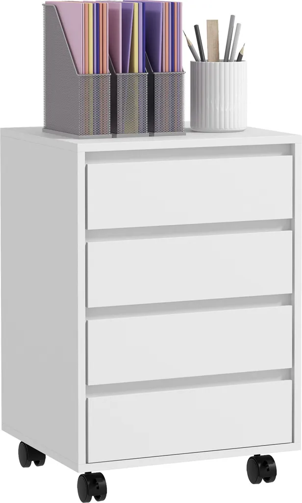 Caisson de bureau blanc à 4 tiroirs coulissants sur roulettes en bois