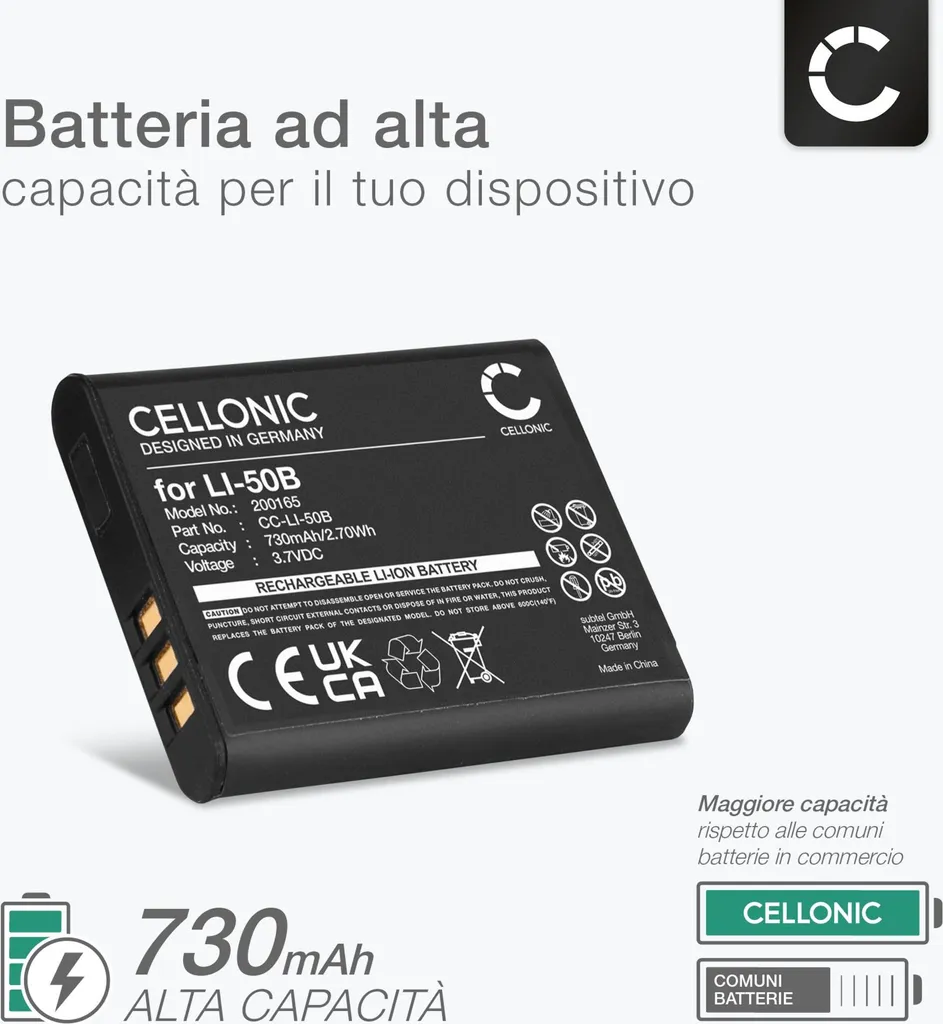 CELLONIC, Batteria per Fotocamera, compatibile con Pentax D-LI92, X70, Optio RZ10, WG-2, WG-1 (3.7V, 730mAh) 2 Pezzi