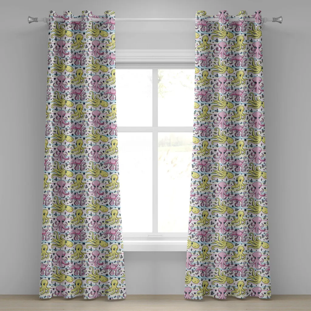 ABAKUHAUS Tenda con occhielli a forma di calamaro, motivo caricaturale di vita marina, animali e piante, scene acquatiche, creature, tende decorative a 2 pannelli, 280 cm x 245 cm, azzurro, giallo, rosa