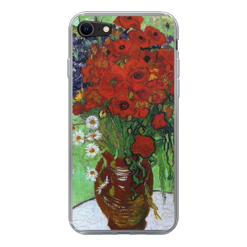 MuchoWow Handyhülle Schutzhülle Hülle für iPhone SE 2022 Vase mit roten Mohnblumen und Gänseblümchen - Vincent van Gogh Silikon Softcase Ha...