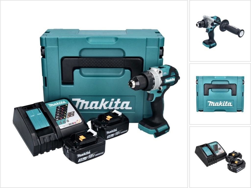 A product shot of a Makita cordless drill kit, including the drill, batteries, charger, and a storage case.