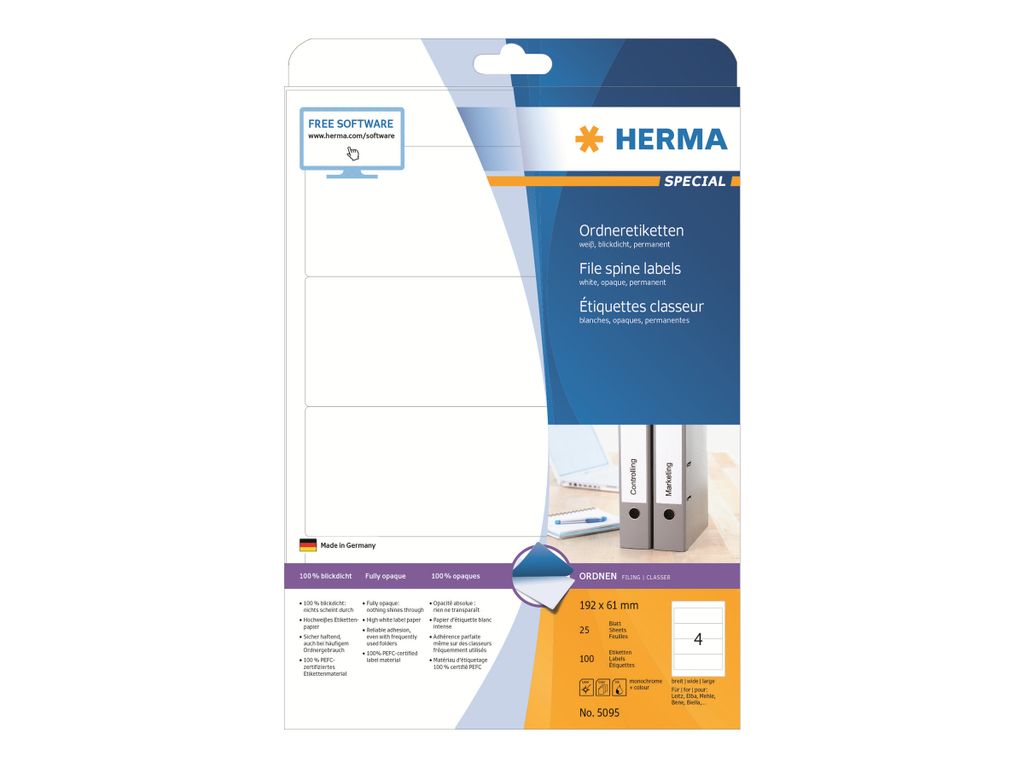 Herma 5095 Étiquettes classeur A4 blanches 192x61 mm papier Image du produit 