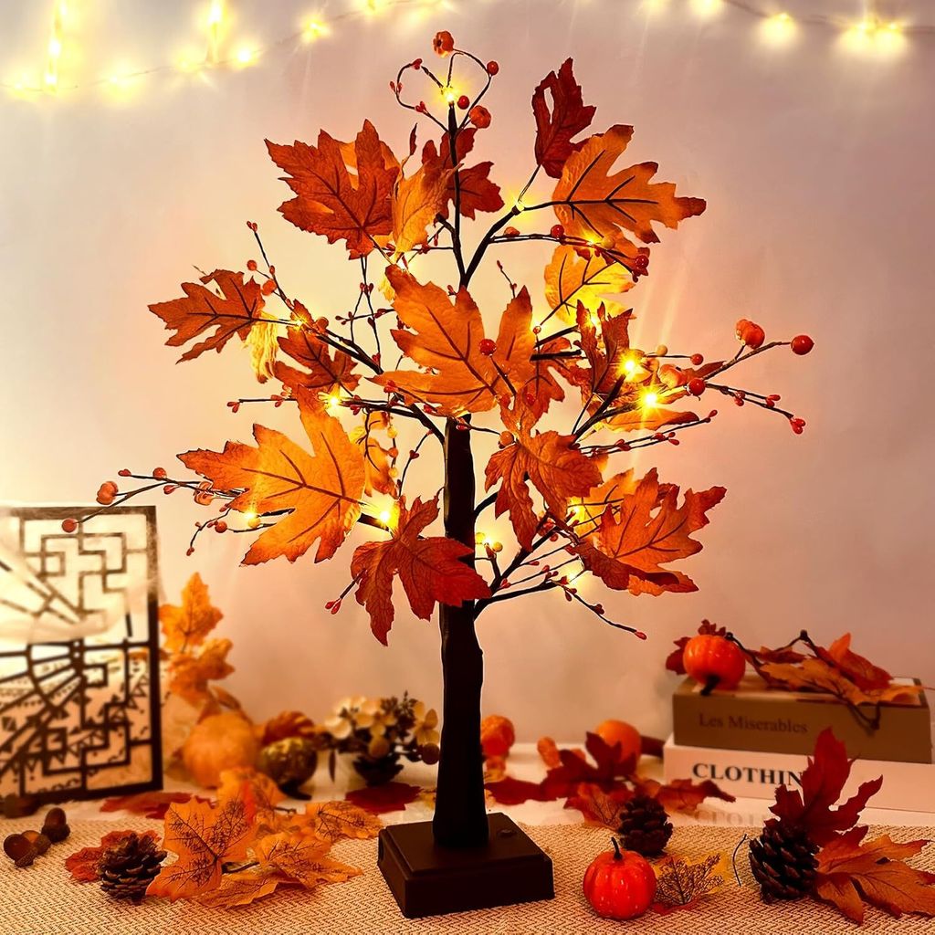 Ahornblatt Baum Lichter mit 24 LEDs, Lichterbaum Fš¹r Innen Herbst Deko 61cm Lichterbaum mit Timer, Herbstbl?tter Deko Halloween Kš¹rbis Deko F...