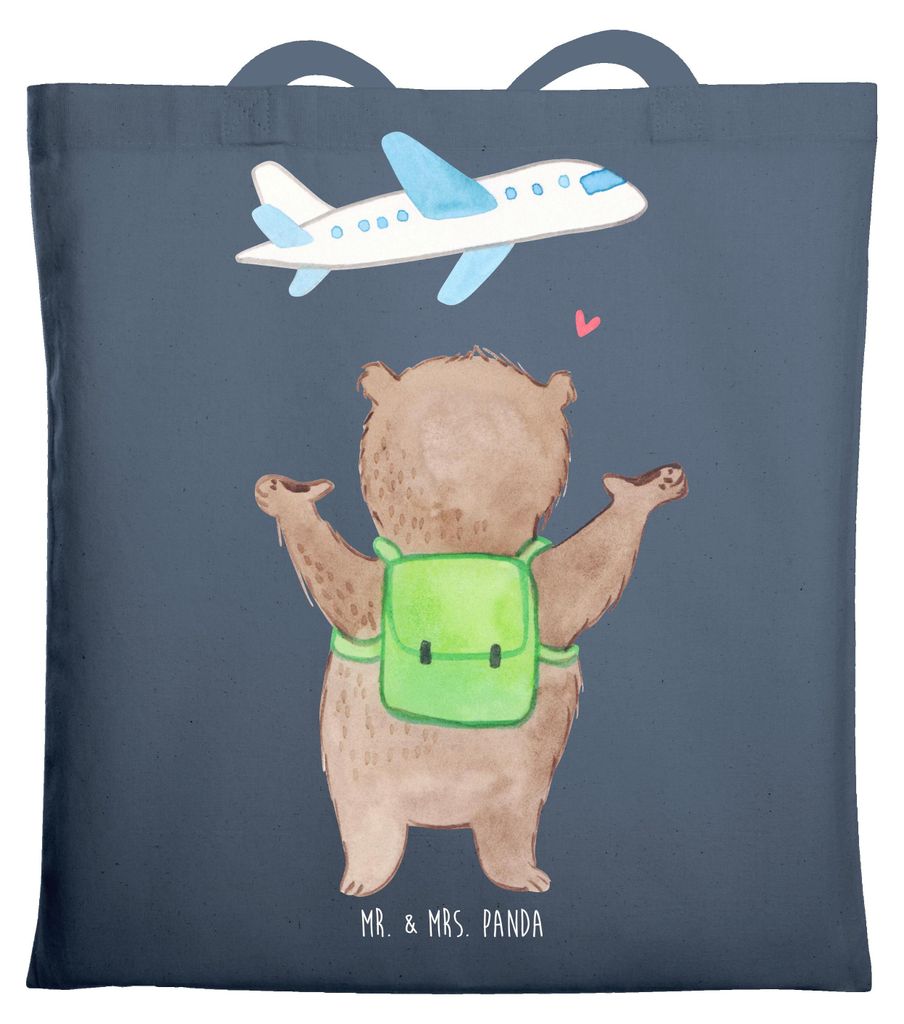 Mr. & Mrs. Panda Jutebeutel Bär Flugzeug - Indigo Blue - Geschenk, Valentinstag, für Frauen, Tasche, Beutel, Freundin, Mitbringsel, Hochzeitstag,...