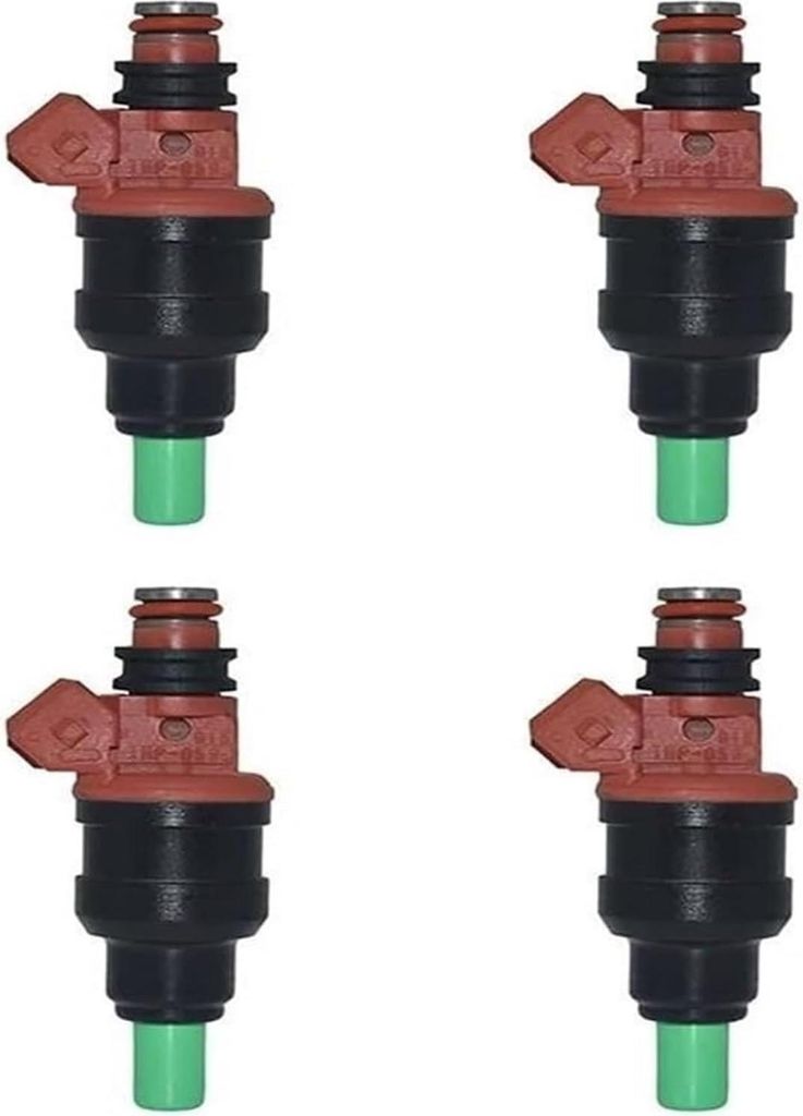 Four identical fuel injectors are arranged in a two-by-two grid against a white background.